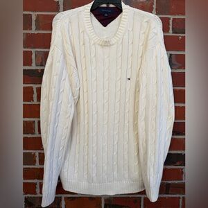 Vintage Tommy Hilfiger Mens 2XL Cream Cable Knit Long Sleeve Crewneck Sweater T3